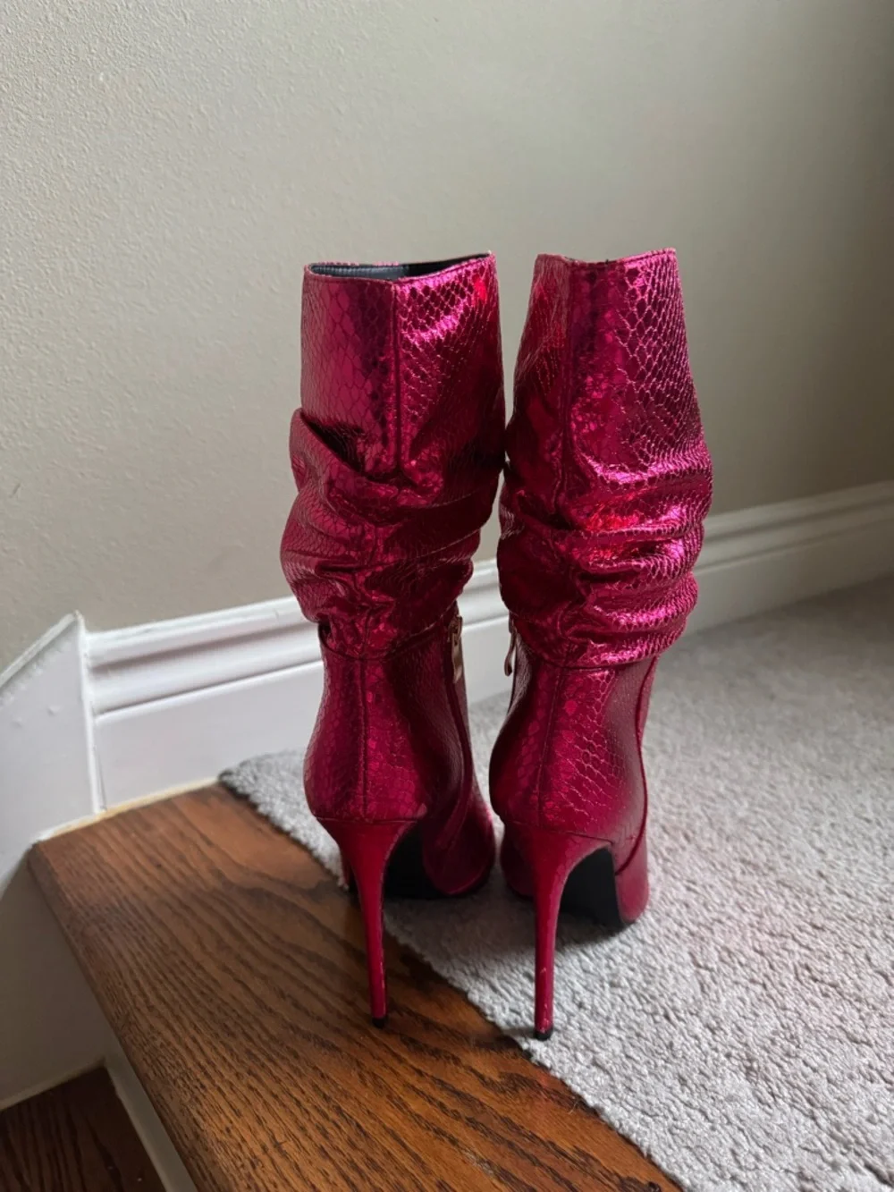 Metallic Fuchsia Pointed-Toe Stiletto Mid-Calf Boots - Picture 3 of 4